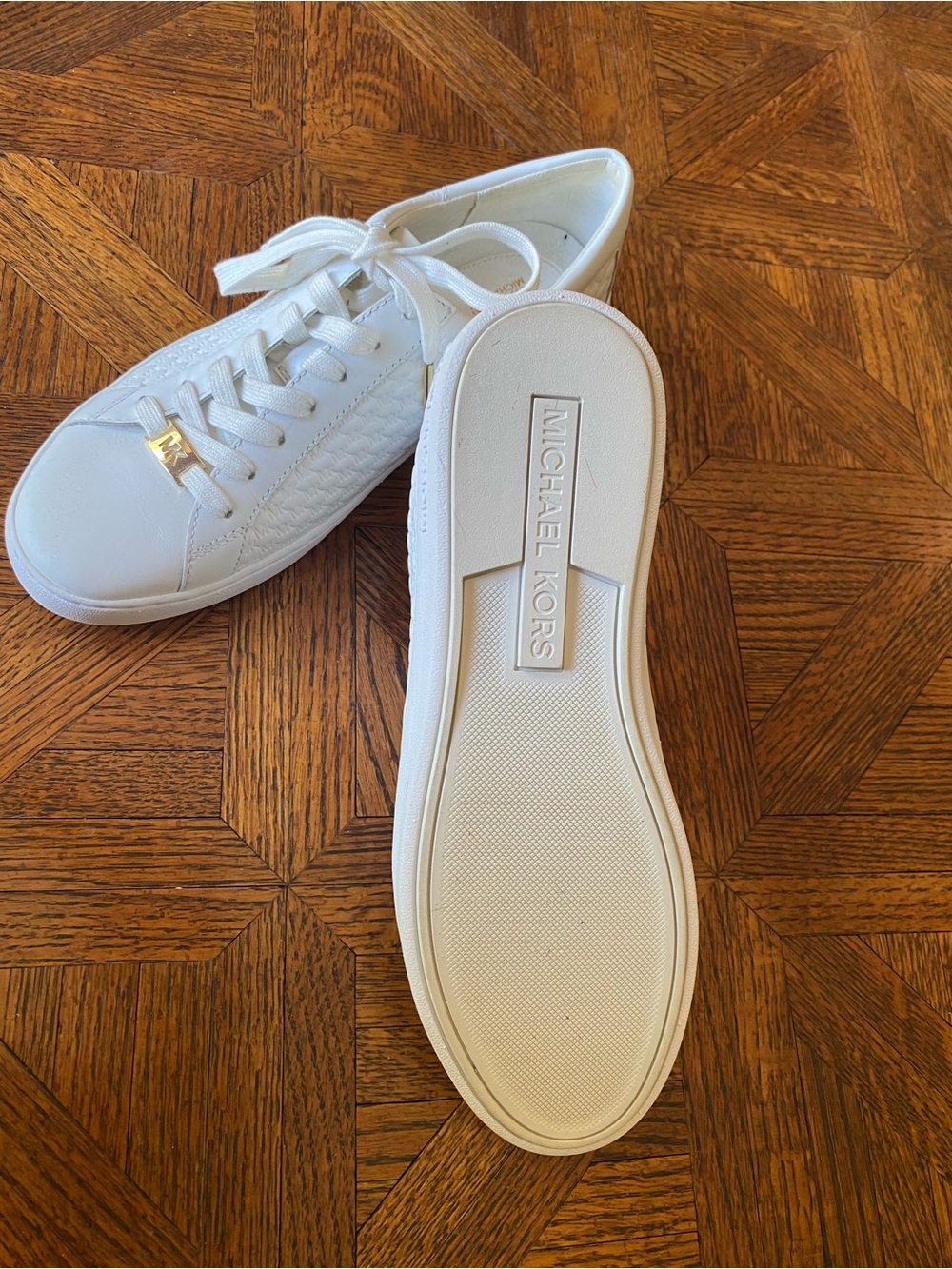 Michael Kors White Leather Lace-Up Sneakers with Gold Detail